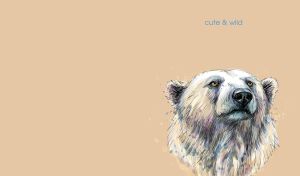 Watercolor illustration of a polar bear's face on a beige backdrop