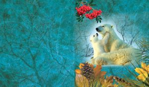 Polar bear playing with her cub in the snow on blue branches background