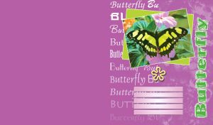 Framed black yellow butterfly on flower in composition with inscriptions on purple