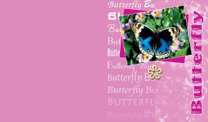 Framed black blue butterfly on flower in composition with inscriptions on pale pink