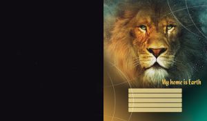 Lion portrait with rich mane closeup on galaxy background with earth concept