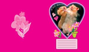 Two hamsters dancing in a heart shaped frame on pink with flowers at bottom