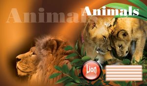 Lion cub and his mother touching muzzles framed in green leaves with drops on brown