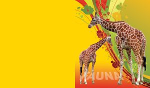 Giraffe and baby giraffe stand on a yellow background with abstract vector lines