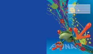 Green red-eyed tree frog sits upon a blue background with abstract vector lines