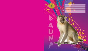 Grey vervet monkey sits upon a purple-pink background with abstract vector lines