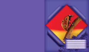 Close-up of a ladybug with golden jewelry in a indigo rhombus frame