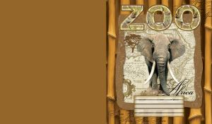 Map of Africa in a stylized frame with elephant with huge tusks on light brown