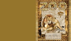 Map of Africa in a stylized frame with lion's family on a bamboo wall