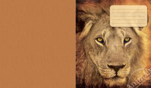 Textured wallpaper with a yellow eyed lion close up on a light brown background