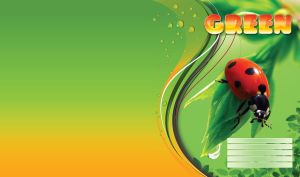 Red ladybug closeup on a green plant with water drop, on a green background