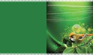 Parrotbill sits on a branch upon a green gradient of grey lines and yellow blots