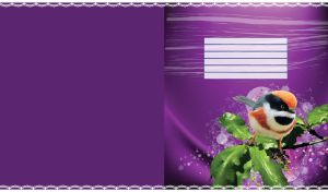 Black-throated bushtit on a branch upon a purple gradient of grey lines and blot