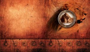 Framed male Lion in miniature window against an old textured red book cover