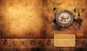 Framed Rhino in miniature window against an old textured orange book cover