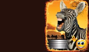 Laughing zebra against the backdrop of a yellow savannah in an orange frame