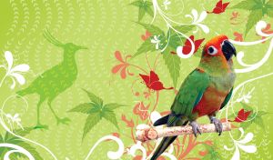 Green parrot sits on a branch in the patterns of leaves and butterflies