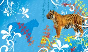 Stripped tiger stands in the patterns of leaves and flowers