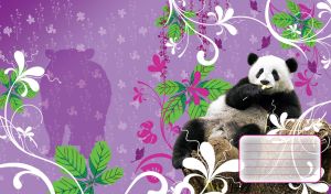 Panda eats bamboo on the rock in the pattern of leaves and flowers
