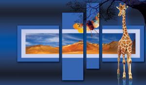 Giraffe and an orange cicada in front of sand dune photos in a navy-blue gallery