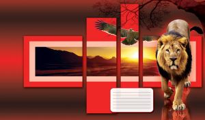 Lion and brown eagle in front of mountain sunset photos in a maroon-red gallery
