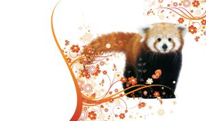 Cherry Red fluffy panda on a white background of patterns of orange swirls and flowers