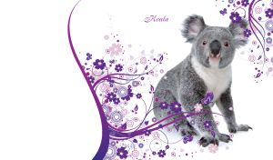 Cute grey koala on a white background of patterns of purple swirls and flowers