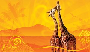 Giraffe couple cuddles in the rays of an orange sunrise with African ornaments