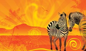 Zebra couple courting each other in the rays of an orange sunrise with African ornaments