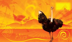 Proud ostrich goes in the rays of an orange sunrise with African ornaments