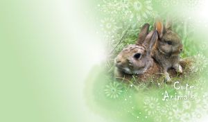Bunny and its cub lie in the grass against pastel green vignette backdrop