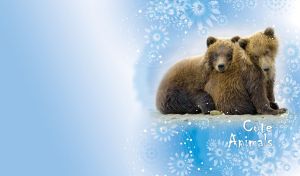 Brown bear cubs cuddle in the wild against pastel blue vignette background