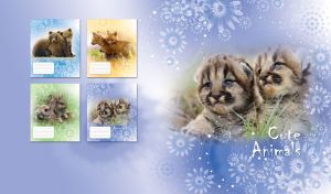 Tabby mountain lion kittens in the wild on pastel dark blue vignette backdrop