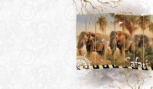 Multi-panel oil painting of a herd brown elephants on a white background