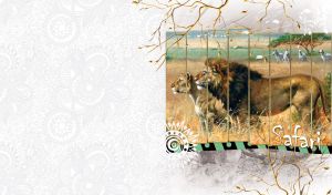 Multi-panel oil painting of a lion couple in the jungle on a white background