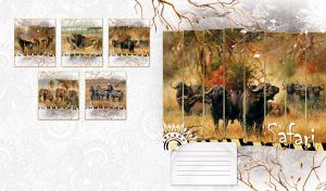 Multi-panel oil painting of a herd of black buffaloes on a white background