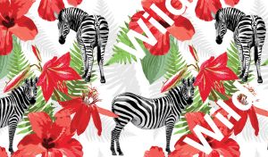 Wild zebras against a white backdrop with red amaryllis flowers and fern leaves