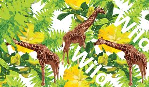 Wild giraffes on a white backdrop with yellow hibiscus flowers and fern leaves