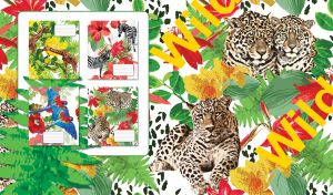 Wild leopards on a white backdrop with yellow and red lilies and fern leaves