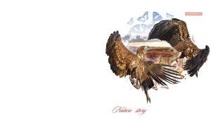 Battle between two eagles against a landscape in a vignette of butterflies on a white