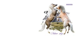 Battle between two horses against a landscape in a vignette of butterflies on white