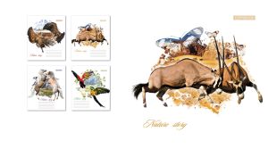 Battle between two antelopes against a landscape in a vignette of butterflies on a white