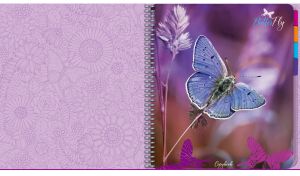 A butterfly and spikelets on a pastel purple cover of a spiral notebook