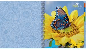 A butterfly and a yellow flower on a pastel blue cover of a spiral notebook