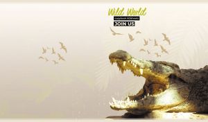 Profile of a saltwater crocodile on a beige background with a flock of birds