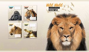 Portrait of a Barbary lion on a beige background with a flock of birds