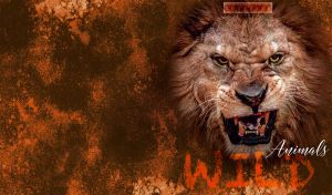 Roaring lion vignetted portrait on dark orange and brown grunge-style texture