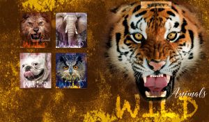 Roaring tiger vignetted portrait on dark brown and yellow grunge-style texture