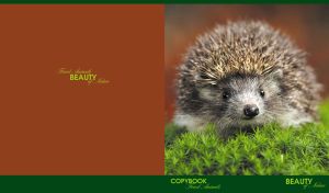 Funny hedgehog on green moss against ocher-red and green backdrop