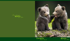 Two bear cubs playfully interacting in nature against olive and green backdrop